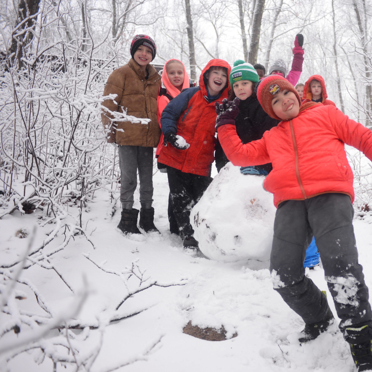 A group of kids plays in the snow.